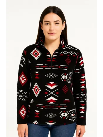 Kadın Yarım Fermuarlı Desenli Polar Sweat Tribal Etnik Desen Yakalı, Uzun Kollu, Oversize Rahat Kalıp - Siyah Kadın Yarım Fermuarlı Desenli Polar Sweat Tribal Etnik Desen Yakalı, Uzun Kollu, Oversize Rahat Kalıp - Siyah