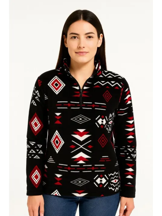 Kadın Yarım Fermuarlı Desenli Polar Sweat Tribal Etnik Desen Yakalı, Uzun Kollu, Oversize Rahat Kalıp - Siyah Kadın Yarım Fermuarlı Desenli Polar Sweat Tribal Etnik Desen Yakalı, Uzun Kollu, Oversize Rahat Kalıp - Siyah