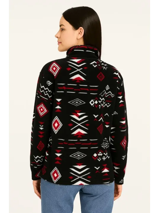 Kadın Yarım Fermuarlı Desenli Polar Sweat Tribal Etnik Desen Yakalı, Uzun Kollu, Oversize Rahat Kalıp - Siyah Kadın Yarım Fermuarlı Desenli Polar Sweat Tribal Etnik Desen Yakalı, Uzun Kollu, Oversize Rahat Kalıp - Siyah