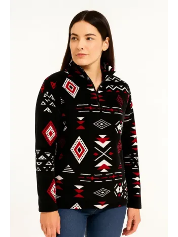 Kadın Yarım Fermuarlı Desenli Polar Sweat Tribal Etnik Desen Yakalı, Uzun Kollu, Oversize Rahat Kalıp - Siyah Kadın Yarım Fermuarlı Desenli Polar Sweat Tribal Etnik Desen Yakalı, Uzun Kollu, Oversize Rahat Kalıp - Siyah