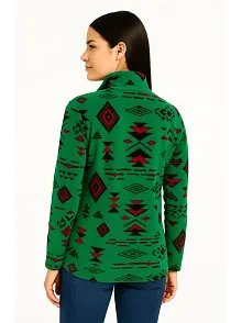 Kadın Yarım Fermuarlı Desenli Polar Sweat Tribal Etnik Desen Yakalı, Uzun Kollu, Oversize Rahat Kalıp - Yeşil