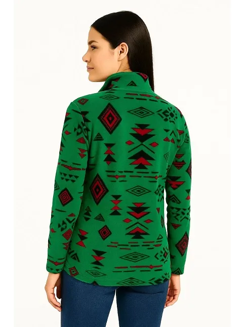 Kadın Yarım Fermuarlı Desenli Polar Sweat Tribal Etnik Desen Yakalı, Uzun Kollu, Oversize Rahat Kalıp - Yeşil