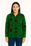 Kadın Yarım Fermuarlı Desenli Polar Sweat Tribal Etnik Desen Yakalı, Uzun Kollu, Oversize Rahat Kalıp - Yeşil