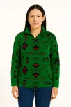 Kadın Yarım Fermuarlı Desenli Polar Sweat Tribal Etnik Desen Yakalı, Uzun Kollu, Oversize Rahat Kalıp - Yeşil