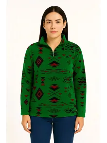 Kadın Yarım Fermuarlı Desenli Polar Sweat Tribal Etnik Desen Yakalı, Uzun Kollu, Oversize Rahat Kalıp - Yeşil