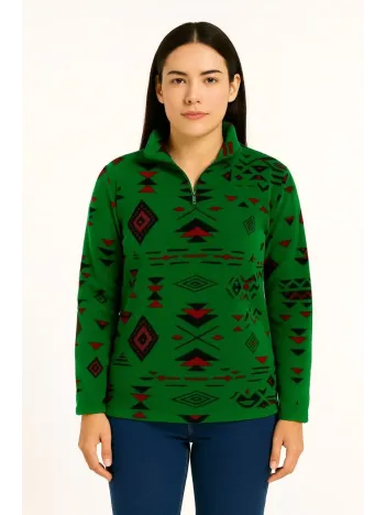 Kadın Yarım Fermuarlı Desenli Polar Sweat Tribal Etnik Desen Yakalı, Uzun Kollu, Oversize Rahat Kalıp - Yeşil Kadın Yarım Fermuarlı Desenli Polar Sweat Tribal Etnik Desen Yakalı, Uzun Kollu, Oversize Rahat Kalıp - Yeşil