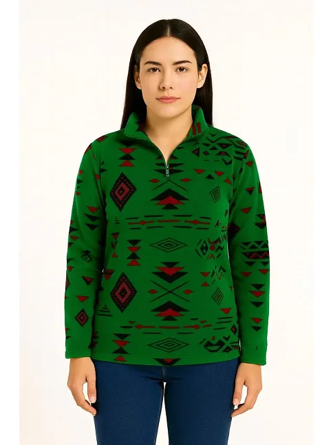 Kadın Yarım Fermuarlı Desenli Polar Sweat Tribal Etnik Desen Yakalı, Uzun Kollu, Oversize Rahat Kalıp - Yeşil