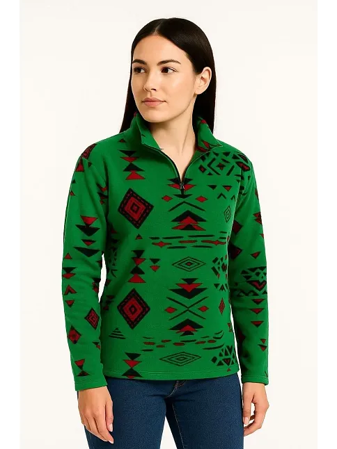 Kadın Yarım Fermuarlı Desenli Polar Sweat Tribal Etnik Desen Yakalı, Uzun Kollu, Oversize Rahat Kalıp - Yeşil