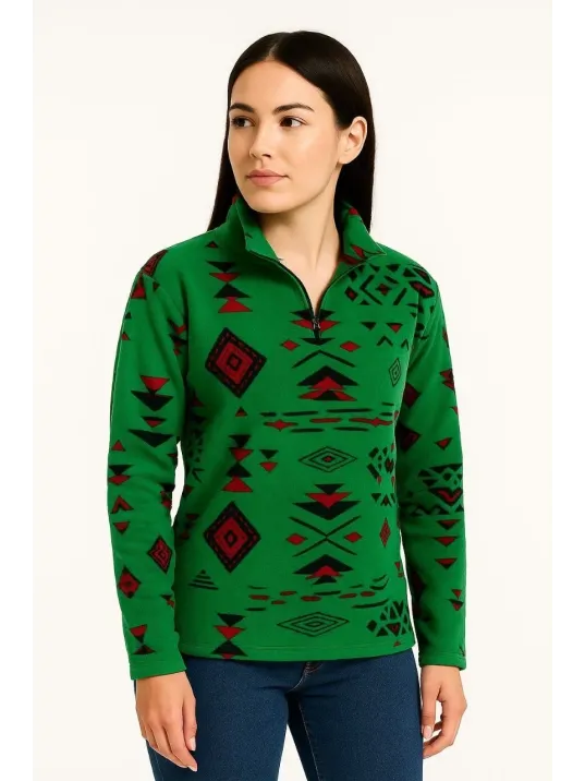 Kadın Yarım Fermuarlı Desenli Polar Sweat Tribal Etnik Desen Yakalı, Uzun Kollu, Oversize Rahat Kalıp - Yeşil