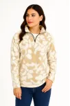 Kadın Yarım Fermuarlı Desenli Polar Sweat Yakalı, Uzun Kollu, Oversize Rahat Kalıp - Bej