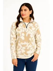 Kadın Yarım Fermuarlı Desenli Polar Sweat Yakalı, Uzun Kollu, Oversize Rahat Kalıp - Bej