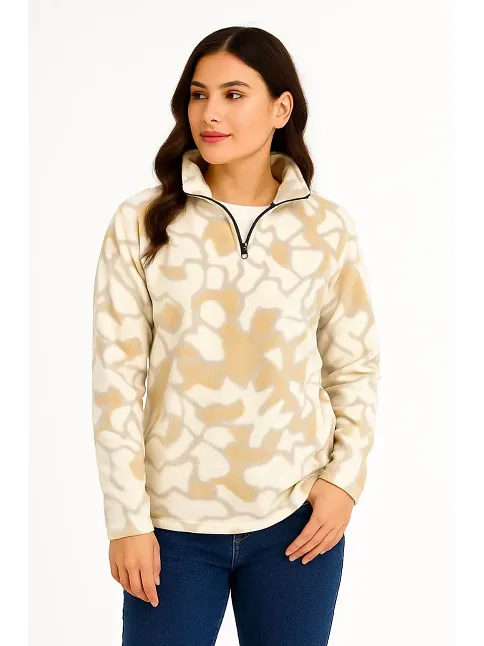 Kadın Yarım Fermuarlı Desenli Polar Sweat Yakalı, Uzun Kollu, Oversize Rahat Kalıp - Bej