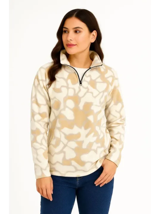 KADIN Yarım Fermuarlı Desenli Polar Sweat Yakalı, Uzun Kollu, Oversize Rahat Kalıp - Bej KADIN Yarım Fermuarlı Desenli Polar Sweat Yakalı, Uzun Kollu, Oversize Rahat Kalıp - Bej