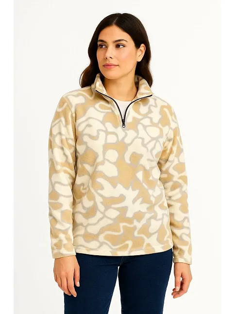 Kadın Yarım Fermuarlı Desenli Polar Sweat Yakalı, Uzun Kollu, Oversize Rahat Kalıp - Bej