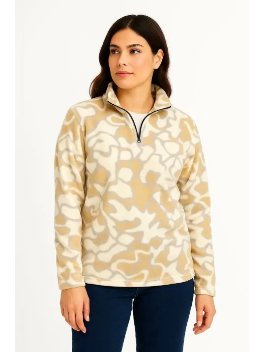 KADIN Yarım Fermuarlı Desenli Polar Sweat Yakalı, Uzun Kollu, Oversize Rahat Kalıp - Bej
