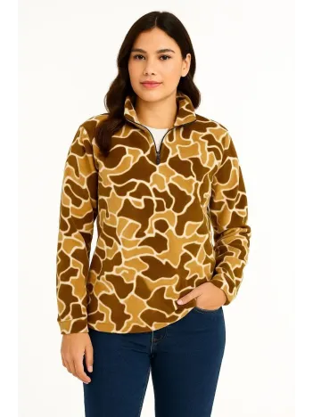 Kadın Yarım Fermuarlı Desenli Polar Sweat Yakalı, Uzun Kollu, Oversize Rahat Kalıp - Kahverengi