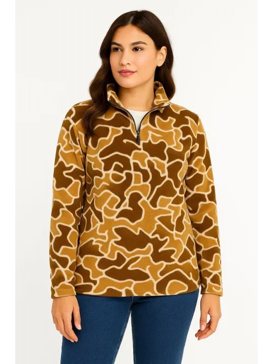 KADIN Yarım Fermuarlı Desenli Polar Sweat Yakalı, Uzun Kollu, Oversize Rahat Kalıp - Kahverengi KADIN Yarım Fermuarlı Desenli Polar Sweat Yakalı, Uzun Kollu, Oversize Rahat Kalıp - Kahverengi