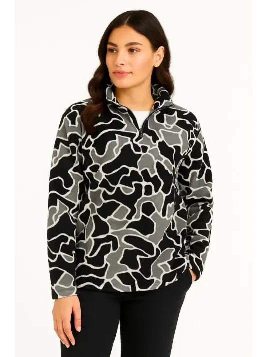 KADIN Yarım Fermuarlı Desenli Polar Sweat Yakalı, Uzun Kollu, Oversize Rahat Kalıp - Siyah