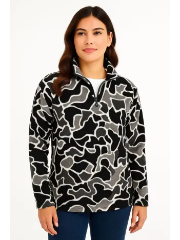 KADIN Yarım Fermuarlı Desenli Polar Sweat Yakalı, Uzun Kollu, Oversize Rahat Kalıp - Siyah KADIN Yarım Fermuarlı Desenli Polar Sweat Yakalı, Uzun Kollu, Oversize Rahat Kalıp - Siyah