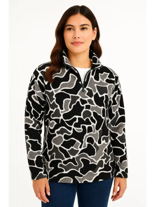 KADIN Yarım Fermuarlı Desenli Polar Sweat Yakalı, Uzun Kollu, Oversize Rahat Kalıp - Siyah KADIN Yarım Fermuarlı Desenli Polar Sweat Yakalı, Uzun Kollu, Oversize Rahat Kalıp - Siyah