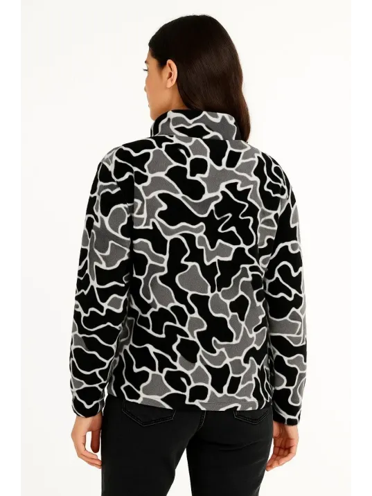 KADIN Yarım Fermuarlı Desenli Polar Sweat Yakalı, Uzun Kollu, Oversize Rahat Kalıp - Siyah