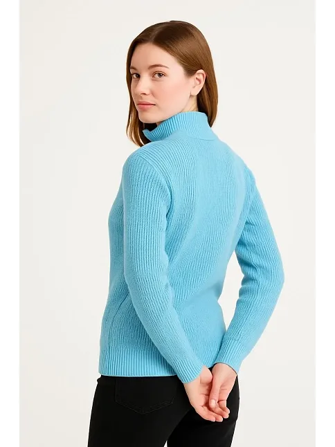 Kadın Yarım Fermuarlı Triko Kazak – Selanik Örgü, Dik Yaka, Pamuklu Dokuma, Oversize Uzun Kollu Kışlık Model - Bebe Mavisi