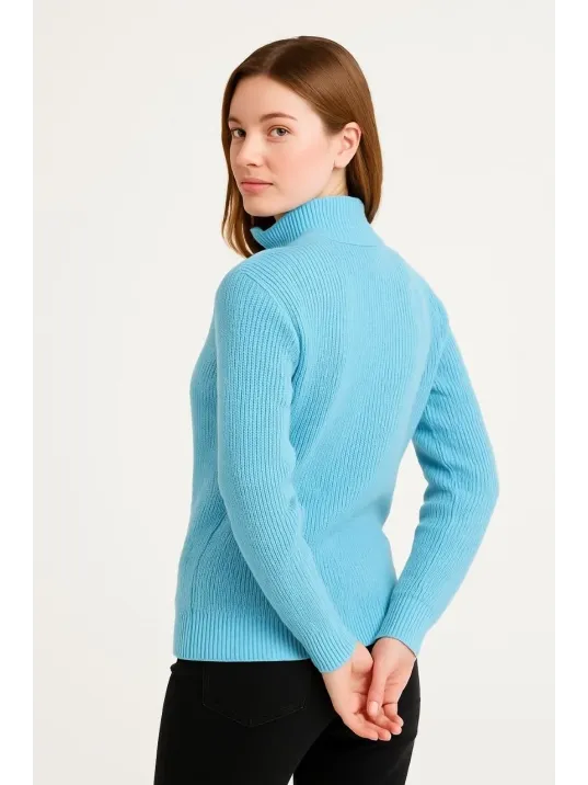 Kadın Yarım Fermuarlı Triko Kazak – Selanik Örgü, Dik Yaka, Pamuklu Dokuma, Oversize Uzun Kollu Kışlık Model - Bebe Mavisi Kadın Yarım Fermuarlı Triko Kazak – Selanik Örgü, Dik Yaka, Pamuklu Dokuma, Oversize Uzun Kollu Kışlık Model - Bebe Mavisi