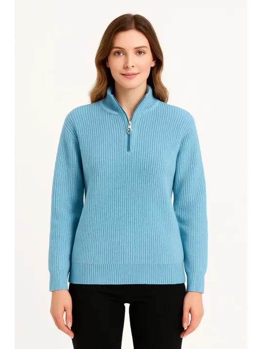 Kadın Yarım Fermuarlı Triko Kazak – Selanik Örgü, Dik Yaka, Pamuklu Dokuma, Oversize Uzun Kollu Kışlık Model - Bebe Mavisi Kadın Yarım Fermuarlı Triko Kazak – Selanik Örgü, Dik Yaka, Pamuklu Dokuma, Oversize Uzun Kollu Kışlık Model - Bebe Mavisi