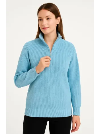 Kadın Yarım Fermuarlı Triko Kazak – Selanik Örgü, Dik Yaka, Pamuklu Dokuma, Oversize Uzun Kollu Kışlık Model - Bebe Mavisi