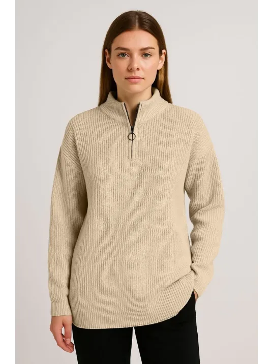 KADIN Yarım Fermuarlı Triko Kazak – Selanik Örgü, Dik Yaka, Pamuklu Dokuma, Oversize Uzun Kollu Kışlık Model - Bej KADIN Yarım Fermuarlı Triko Kazak – Selanik Örgü, Dik Yaka, Pamuklu Dokuma, Oversize Uzun Kollu Kışlık Model - Bej