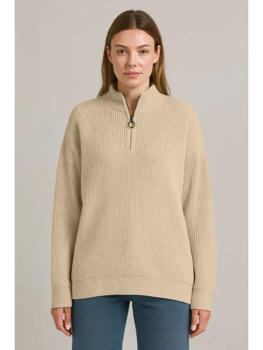 Kadın Yarım Fermuarlı Triko Kazak – Selanik Örgü, Dik Yaka, Pamuklu Dokuma, Oversize Uzun Kollu Kışlık Model - Bej