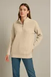 Kadın Yarım Fermuarlı Triko Kazak – Selanik Örgü, Dik Yaka, Pamuklu Dokuma, Oversize Uzun Kollu Kışlık Model - Bej