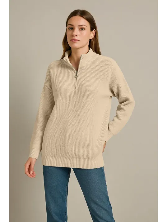 Kadın Yarım Fermuarlı Triko Kazak – Selanik Örgü, Dik Yaka, Pamuklu Dokuma, Oversize Uzun Kollu Kışlık Model - Bej