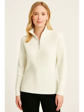 KADIN Yarım Fermuarlı Triko Kazak – Selanik Örgü, Dik Yaka, Pamuklu Dokuma, Oversize Uzun Kollu Kışlık Model - Beyaz KADIN Yarım Fermuarlı Triko Kazak – Selanik Örgü, Dik Yaka, Pamuklu Dokuma, Oversize Uzun Kollu Kışlık Model - Beyaz