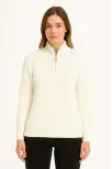 Kadın Yarım Fermuarlı Triko Kazak – Selanik Örgü, Dik Yaka, Pamuklu Dokuma, Oversize Uzun Kollu Kışlık Model - Beyaz