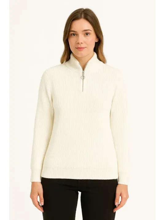 Kadın Yarım Fermuarlı Triko Kazak – Selanik Örgü, Dik Yaka, Pamuklu Dokuma, Oversize Uzun Kollu Kışlık Model - Beyaz