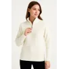 Kadın Yarım Fermuarlı Triko Kazak – Selanik Örgü, Dik Yaka, Pamuklu Dokuma, Oversize Uzun Kollu Kışlık Model - Beyaz