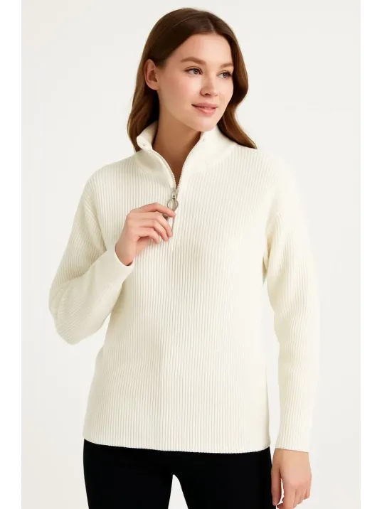 Kadın Yarım Fermuarlı Triko Kazak – Selanik Örgü, Dik Yaka, Pamuklu Dokuma, Oversize Uzun Kollu Kışlık Model - Beyaz