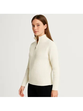 Kadın Yarım Fermuarlı Triko Kazak – Selanik Örgü, Dik Yaka, Pamuklu Dokuma, Oversize Uzun Kollu Kışlık Model - Beyaz