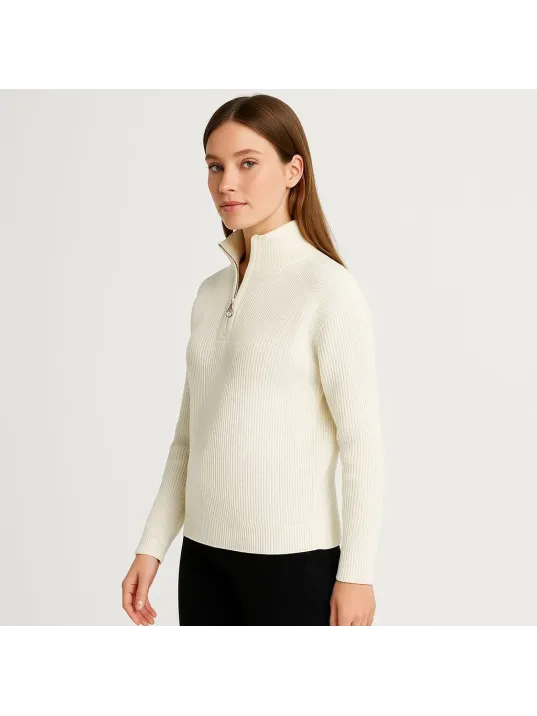 Kadın Yarım Fermuarlı Triko Kazak – Selanik Örgü, Dik Yaka, Pamuklu Dokuma, Oversize Uzun Kollu Kışlık Model - Beyaz