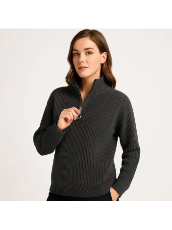 Kadın Yarım Fermuarlı Triko Kazak – Selanik Örgü, Dik Yaka, Pamuklu Dokuma, Oversize Uzun Kollu Kışlık Model - Füme