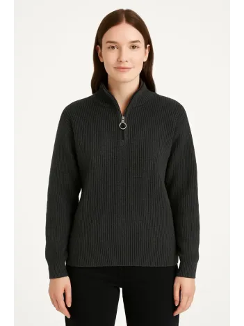 Kadın Yarım Fermuarlı Triko Kazak – Selanik Örgü, Dik Yaka, Pamuklu Dokuma, Oversize Uzun Kollu Kışlık Model - Füme