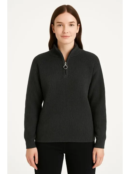 Kadın Yarım Fermuarlı Triko Kazak – Selanik Örgü, Dik Yaka, Pamuklu Dokuma, Oversize Uzun Kollu Kışlık Model - Füme Kadın Yarım Fermuarlı Triko Kazak – Selanik Örgü, Dik Yaka, Pamuklu Dokuma, Oversize Uzun Kollu Kışlık Model - Füme