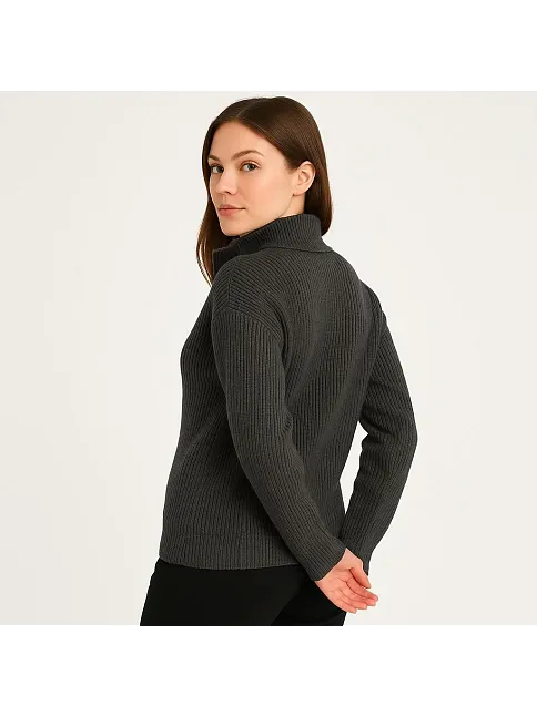 Kadın Yarım Fermuarlı Triko Kazak – Selanik Örgü, Dik Yaka, Pamuklu Dokuma, Oversize Uzun Kollu Kışlık Model - Füme