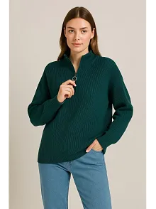 Kadın Yarım Fermuarlı Triko Kazak – Selanik Örgü, Dik Yaka, Pamuklu Dokuma, Oversize Uzun Kollu Kışlık Model - Haki