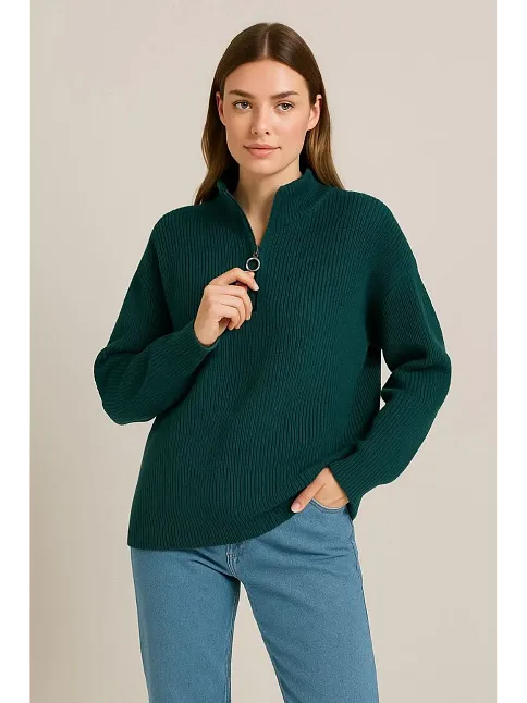 Kadın Yarım Fermuarlı Triko Kazak – Selanik Örgü, Dik Yaka, Pamuklu Dokuma, Oversize Uzun Kollu Kışlık Model - Haki