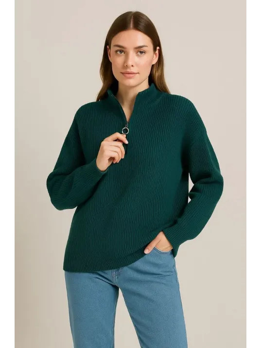 Kadın Yarım Fermuarlı Triko Kazak – Selanik Örgü, Dik Yaka, Pamuklu Dokuma, Oversize Uzun Kollu Kışlık Model - Haki Kadın Yarım Fermuarlı Triko Kazak – Selanik Örgü, Dik Yaka, Pamuklu Dokuma, Oversize Uzun Kollu Kışlık Model - Haki