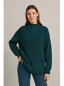 Kadın Yarım Fermuarlı Triko Kazak – Selanik Örgü, Dik Yaka, Pamuklu Dokuma, Oversize Uzun Kollu Kışlık Model - Haki
