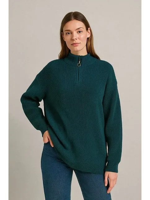 Kadın Yarım Fermuarlı Triko Kazak – Selanik Örgü, Dik Yaka, Pamuklu Dokuma, Oversize Uzun Kollu Kışlık Model - Haki