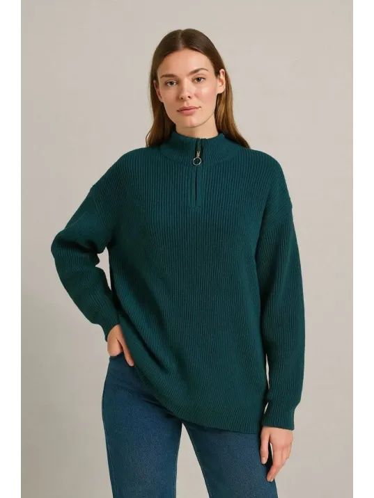 Kadın Yarım Fermuarlı Triko Kazak – Selanik Örgü, Dik Yaka, Pamuklu Dokuma, Oversize Uzun Kollu Kışlık Model - Haki Kadın Yarım Fermuarlı Triko Kazak – Selanik Örgü, Dik Yaka, Pamuklu Dokuma, Oversize Uzun Kollu Kışlık Model - Haki